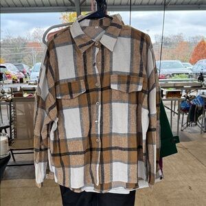 Brown and White Plaid Button-Up Shirt